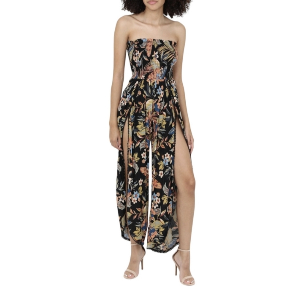 Angie Black Tropical Strapless Jumpsuit with Side Slits